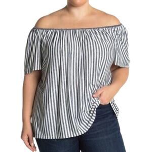 MAX STUDIO Shirred Flowy Blouse Pinstriped Off Shoulder Chic Top Soft Gray 2X